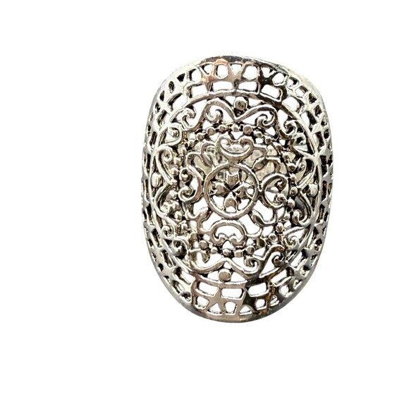 Vintage CW Sterling Silver Oval Filigree Flower Leaf Ring Size 7 Silver Tone Ret - Picture 2 of 7